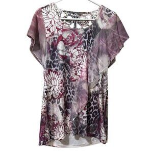 One World Live and Let Live Women Size Medium Flutter Sleeve Blouse Stretch City